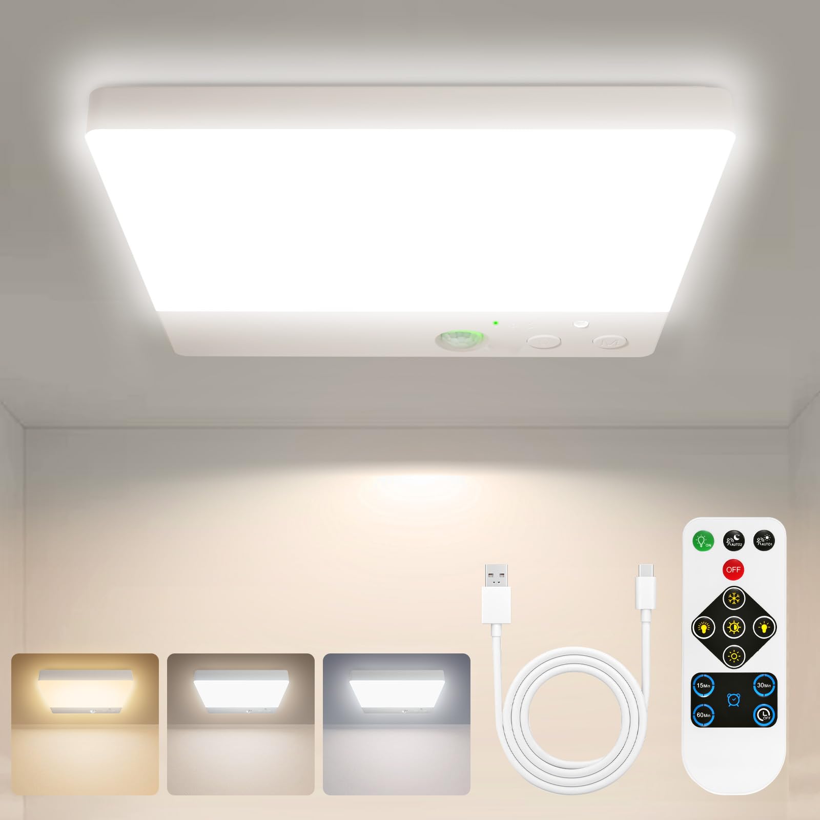 Rechargeable Motion Sensor Ceiling Lights, 4000mAh Battery Operated Lights Indoor with Remote, 3 Color Temperatures in One, Cordless Mount Pir Light for Porch Hallway Cupboard Understairs Bedroom