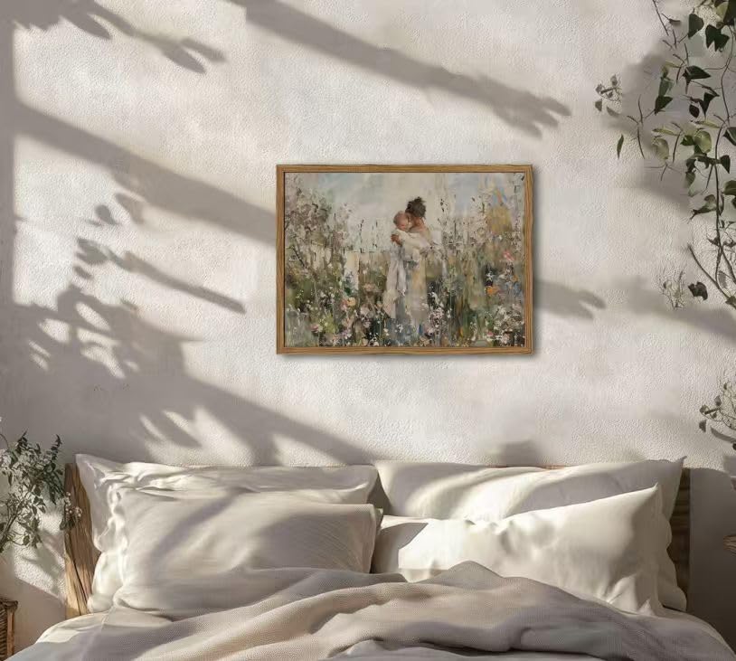 Image of Mother Holding Child Wall Art Vintage Motherhood with Baby Wall Decor Painting Cottage Country Nursery Sign Poster Canvas Print for Kids Bedroom Living Room 24x16 inch Wood Framed