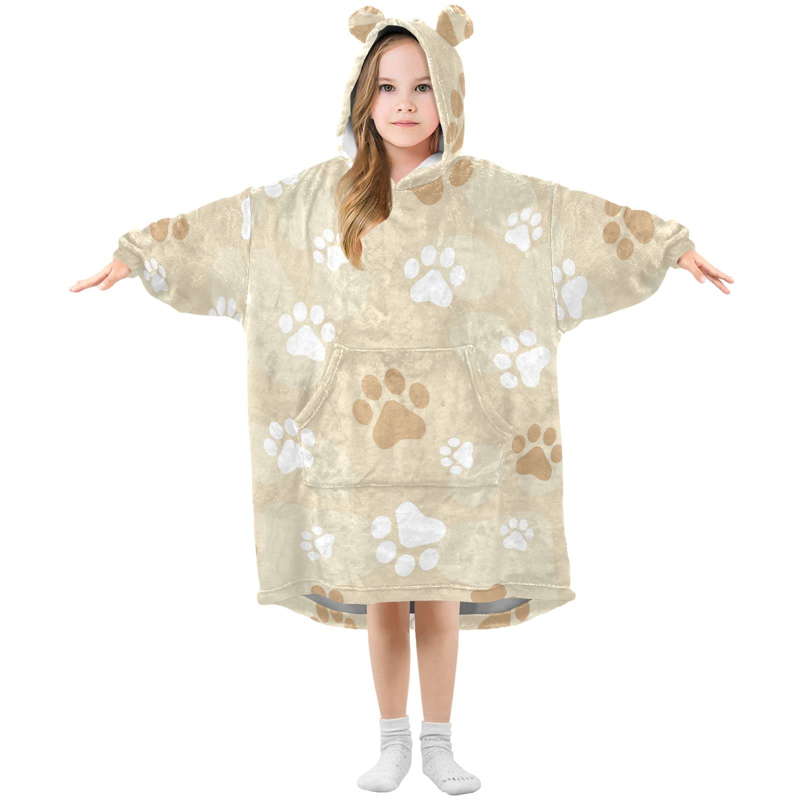 Felpa con cappuccio oversize per bambini, con stampa di zampa di cane marrone con sfondo caldo in pile, indossabile per ragazze e ragazzi, tasca frontale spaziosa, berretto per orecchie carino