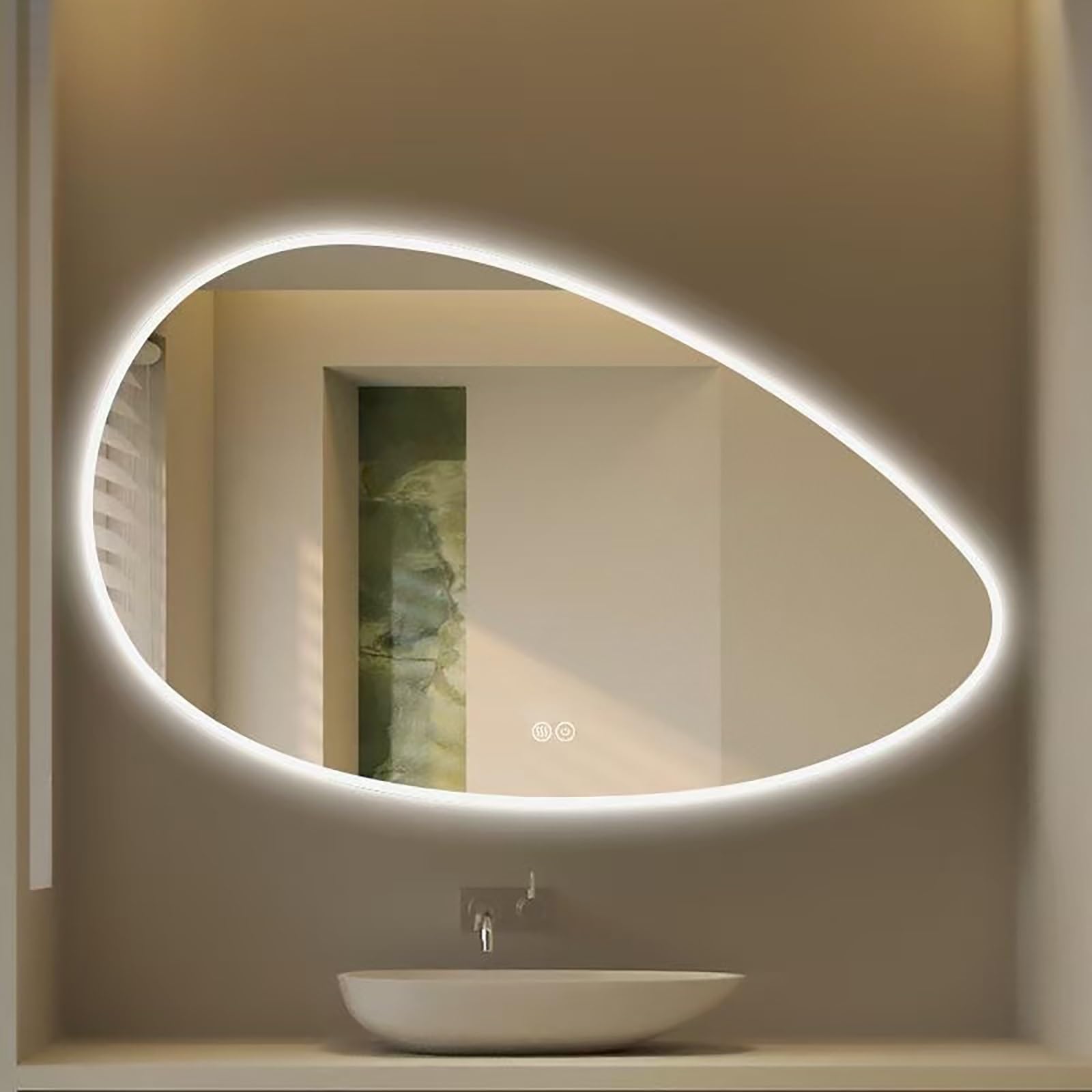 FGXHHS LED Modern Asymmetrical Irregular Oval Vanity Mirror with Anti-Fog, 3 Color Dimmable Light, 50x80cm Wall-Mounted Illuminated Makeup for Bathroom, Shaving, and Decor