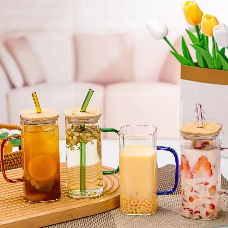 Image of ANKUL Random Clour Squre Glass Sipper Tumbler Tea Coffee Can with Wooden Lid and Straw - 400ml - Pack of 1 - Fruit Milk Juice Cup Glass Straw (Square Mug Wooden Lid, 1)