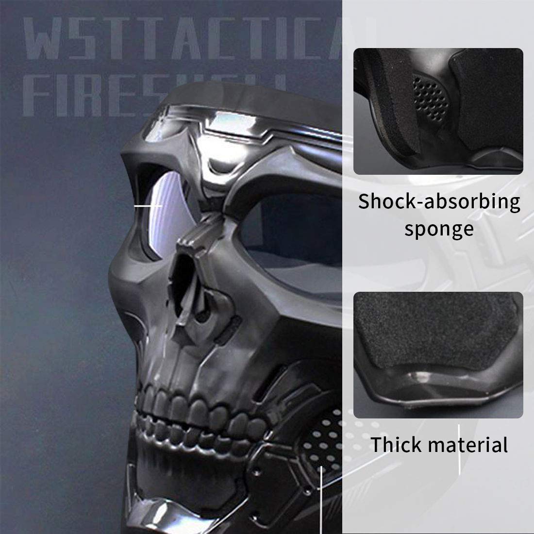 Maschera messenger con teschio di Halloween, maschera da moto con maschera rimovibile, maschera per il viso da motocross con occhiali staccabili e filtro bocca per caschi vintage