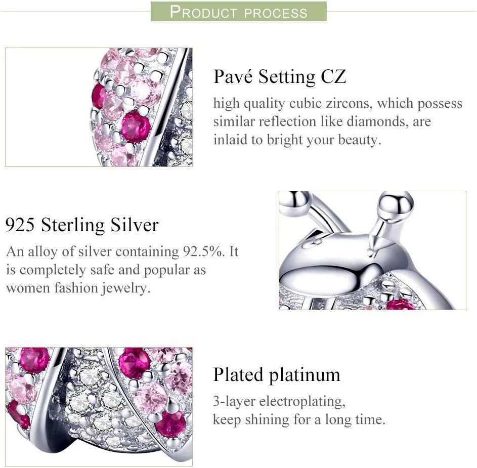 Qings Pink Ladybug Cute Insect Charms Bead 925 Sterling Silver for Bracelet Necklace Making DIY Jewelry as Gift for Women Girls Daughter