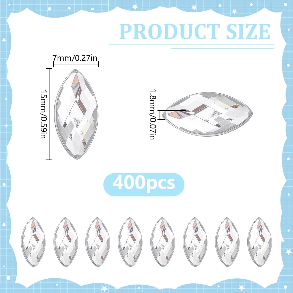 400 Pcs Horse Eye Cabochons 15x7mm Horse Eye Rhinestones Glitter Gems Acrylic Flatback Rhinestones Flat Back Marquise Rhinestone for DIY Clothes Dress Shoes Bag Wedding Accessories