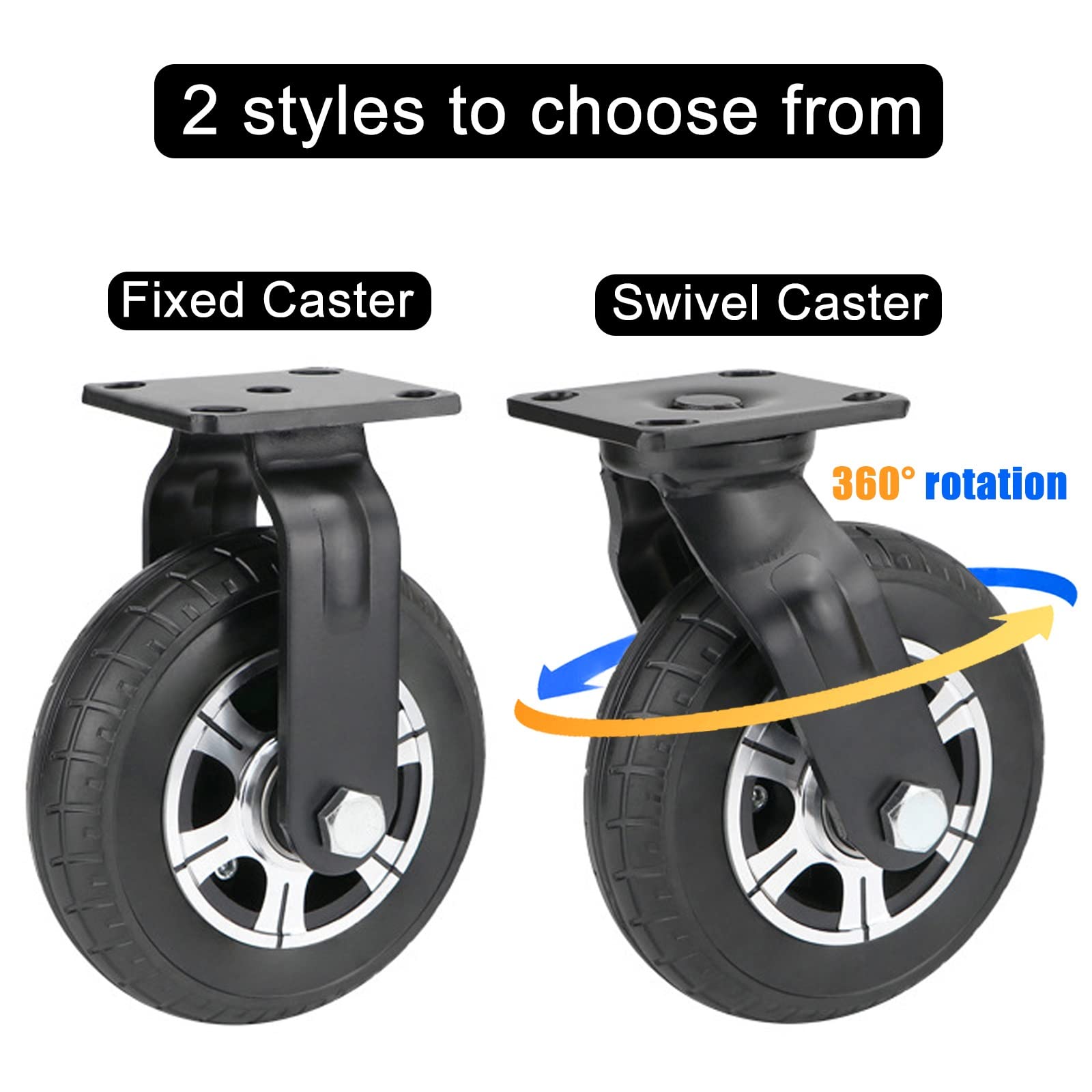LIGUOYI 2 Pezzi Ruote Girevoli per Impieghi Gravosi/Rotelle Fissa, Ø 200mm Nero Rotelle in Gomma Piena, Portata Max 400kg con Spinta Sfera Cuscinetti + Cerchi in Lega, per DIY Carrelli, con Viti