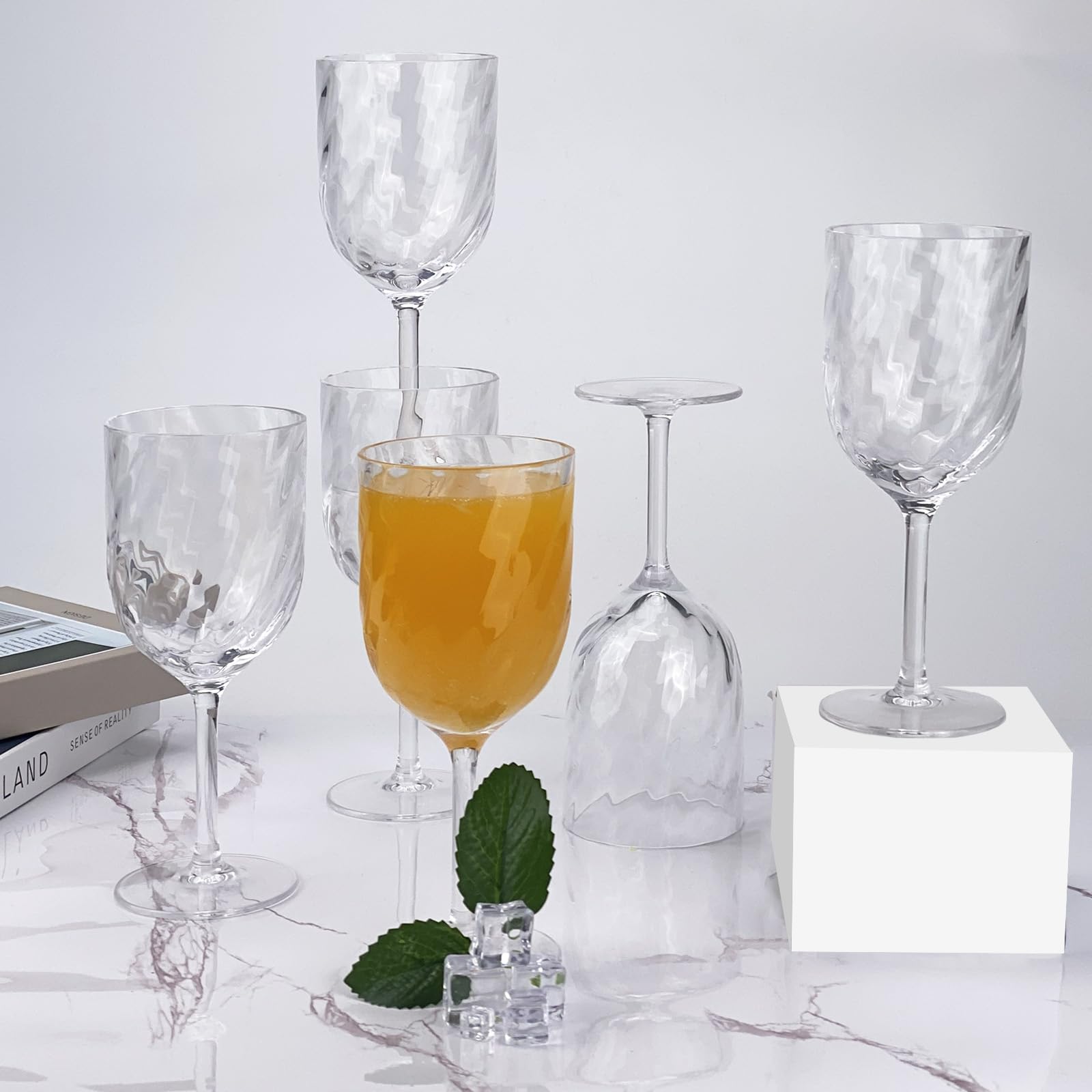 Yalin, set di 6 calici infrangibili in acrilico da 444 ml, impilabili, per vino e acqua. (Trasparente, 444 ml)