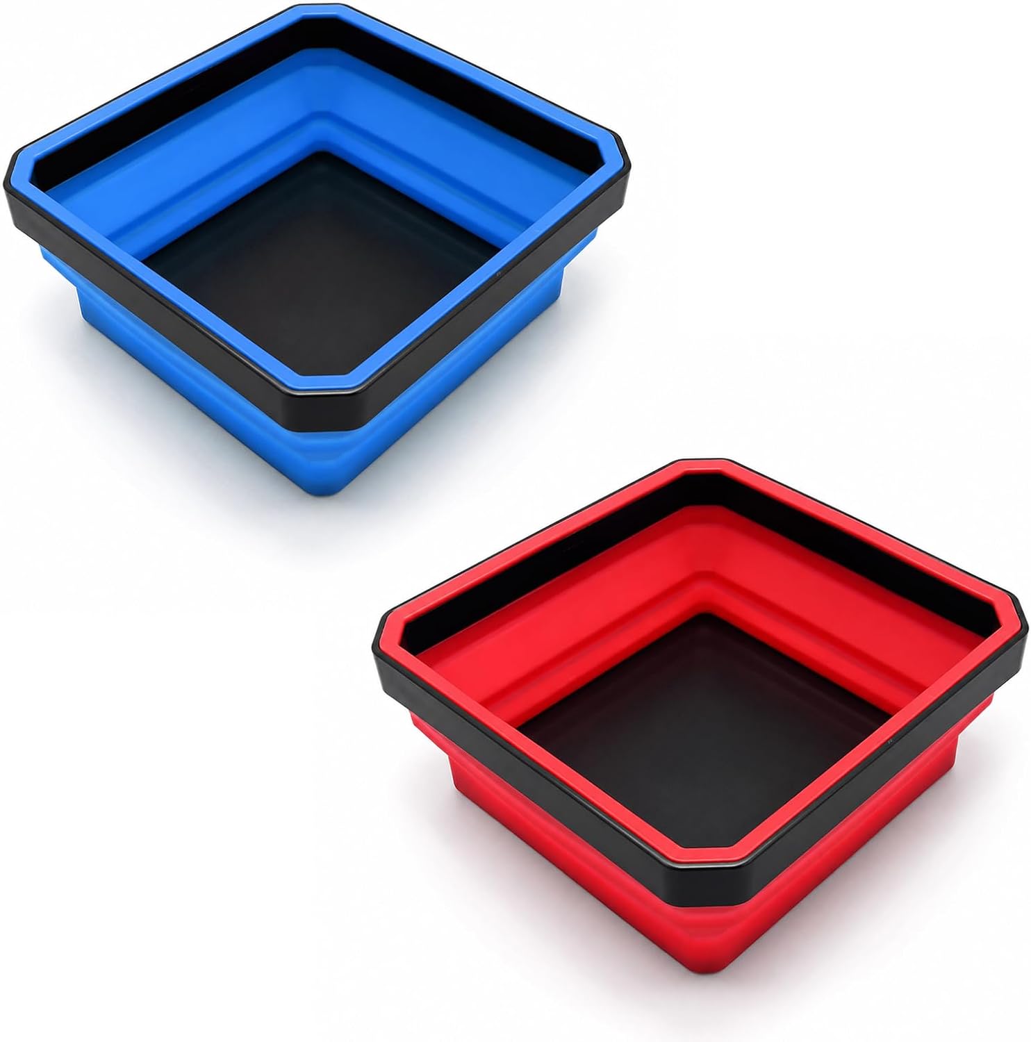2 PCS Collapsible Magnetic Parts Tray, 4.5 Inch Foldable Metal Parts Storage Bowl with Double-Sided Magnetic Base, Square Silicone Tool Tray Holder for Screw Bolts Nuts Pins (Red+Blue)
