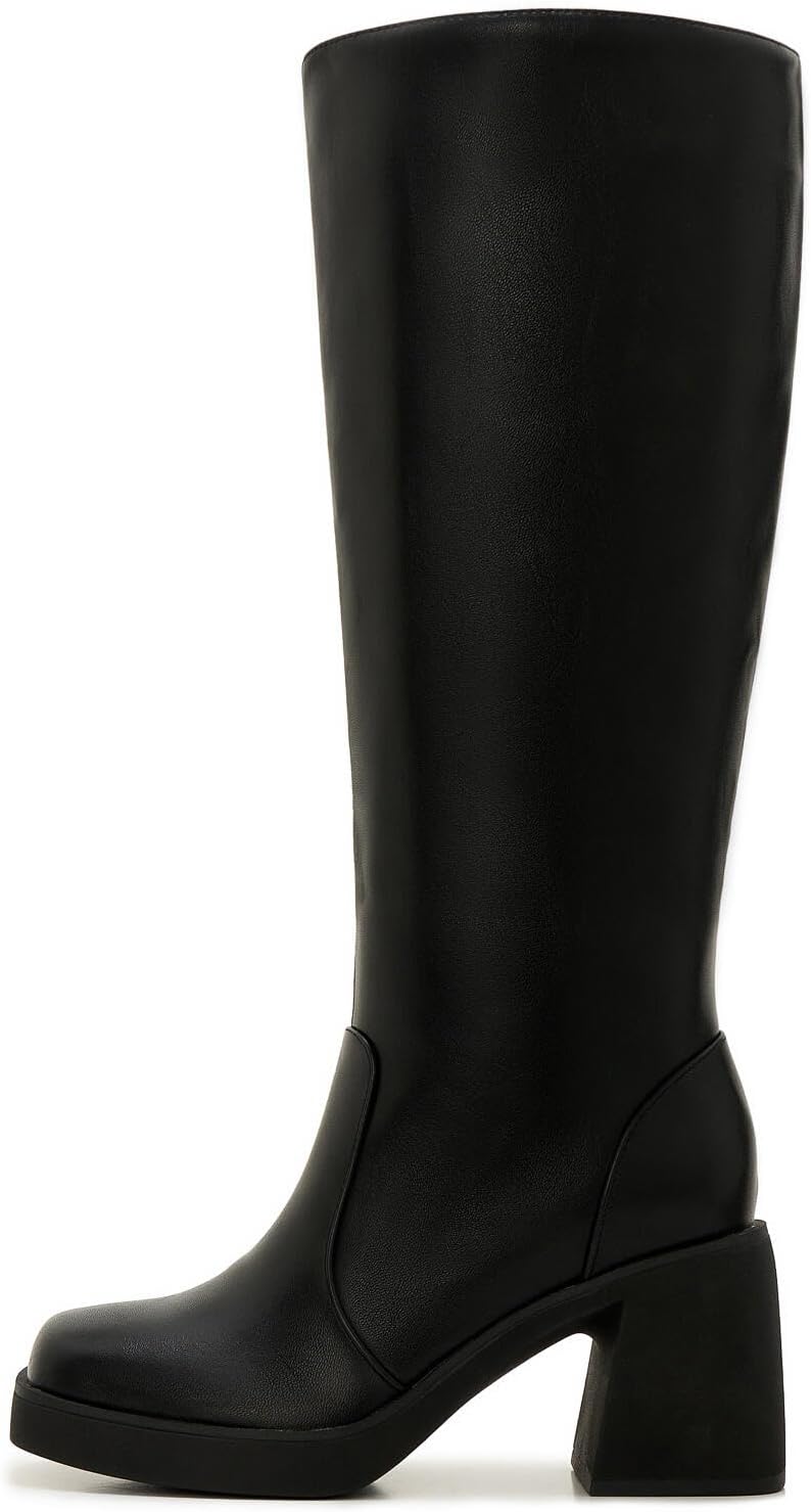 ZXHYZLZ Wide Calf 70s Gogo Boots for Women Plus Size – Tall Knee High Square Toe Chunky Heel Retro Boots