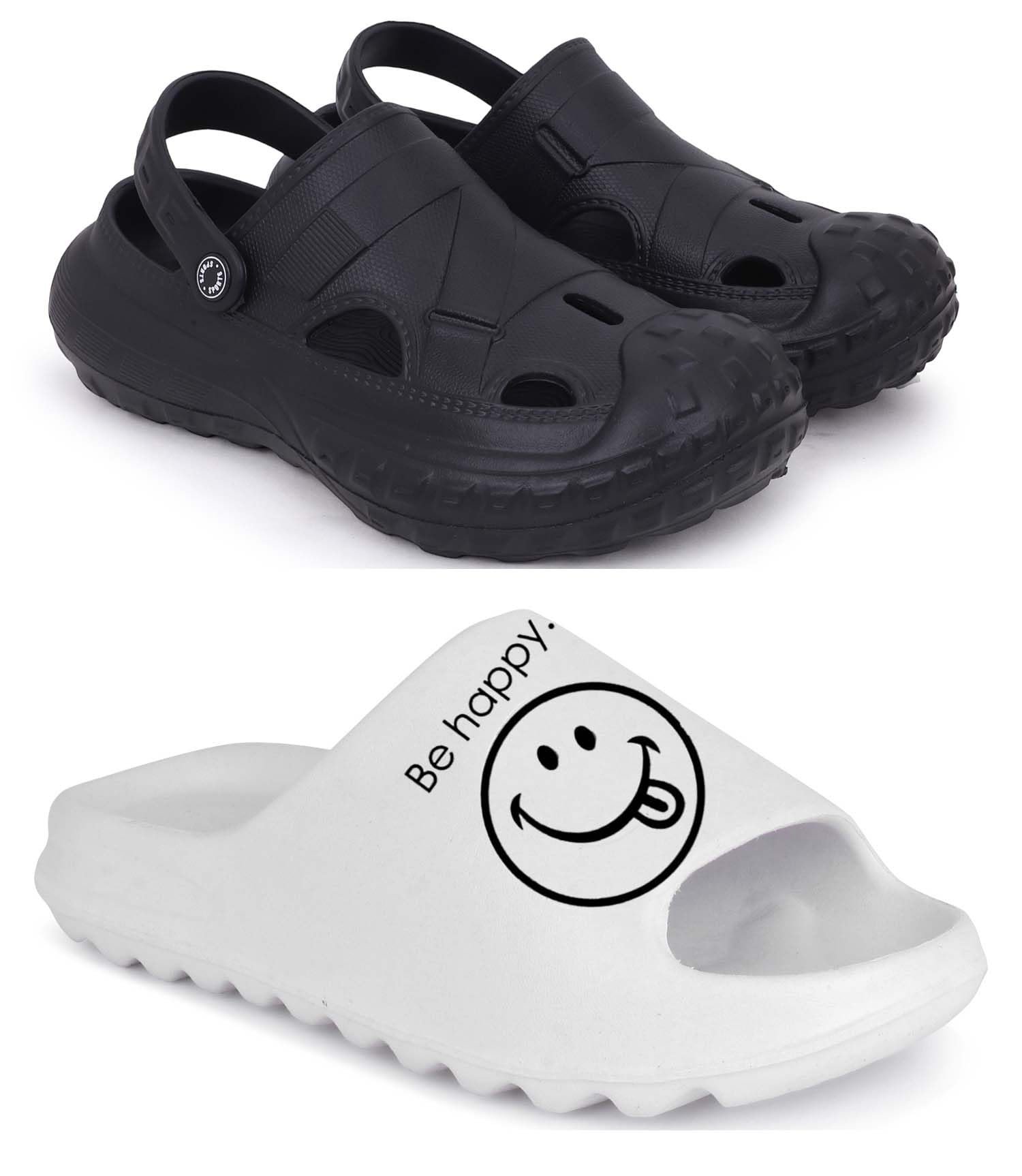 Combo Pack of 2 Slipper/Flip Flops/Slides/Clogs/Sandals for Men,(Cl-1200-Black,Y-Smily-White),9 (UK/India)-image-32