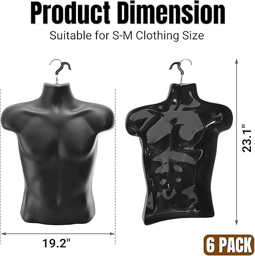 Miniatura 2 de Noamus Paquete de 6 torsos de maniquí masculino, forma de vestido con gancho para colgar, pantalla de camiseta, cuerpo trasero hueco, molde de