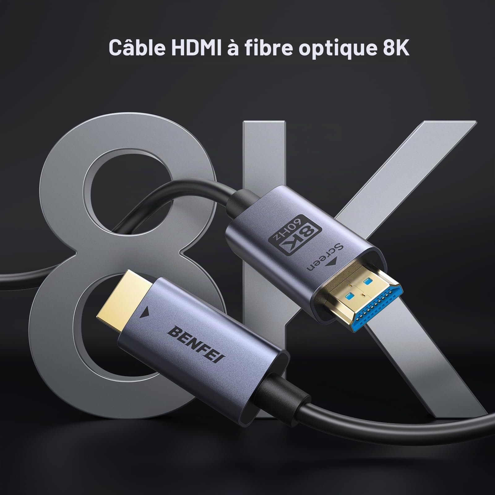 BENFEI Câble HDMI 2.1 Fibre Optique 30 M - 8K@60Hz, 4K@240Hz, 48 Gbit/s, Certification Murale CL3, avec eARC/HDR Dynamique/HDCP 2.3 - Pour PS5, Xbox, PC GPU, TV, Projecteur et Systèmes Home Cinéma
