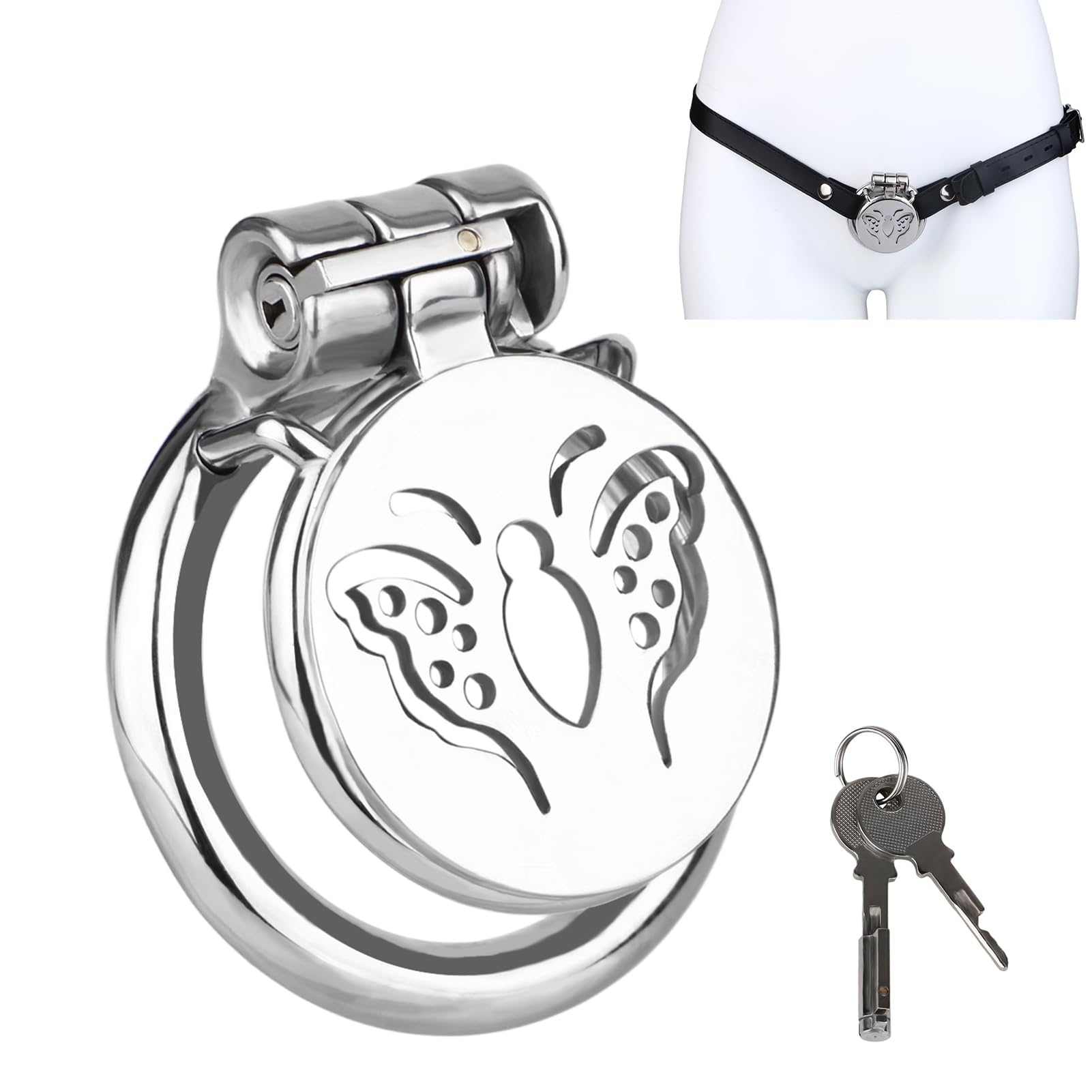 Jaula de castidad de acero inoxidable con diseño de mariposa para hombres con cerradura oculta y anillo base, dispositivo de castidad masculino de placa plana (45mm+Belt)
