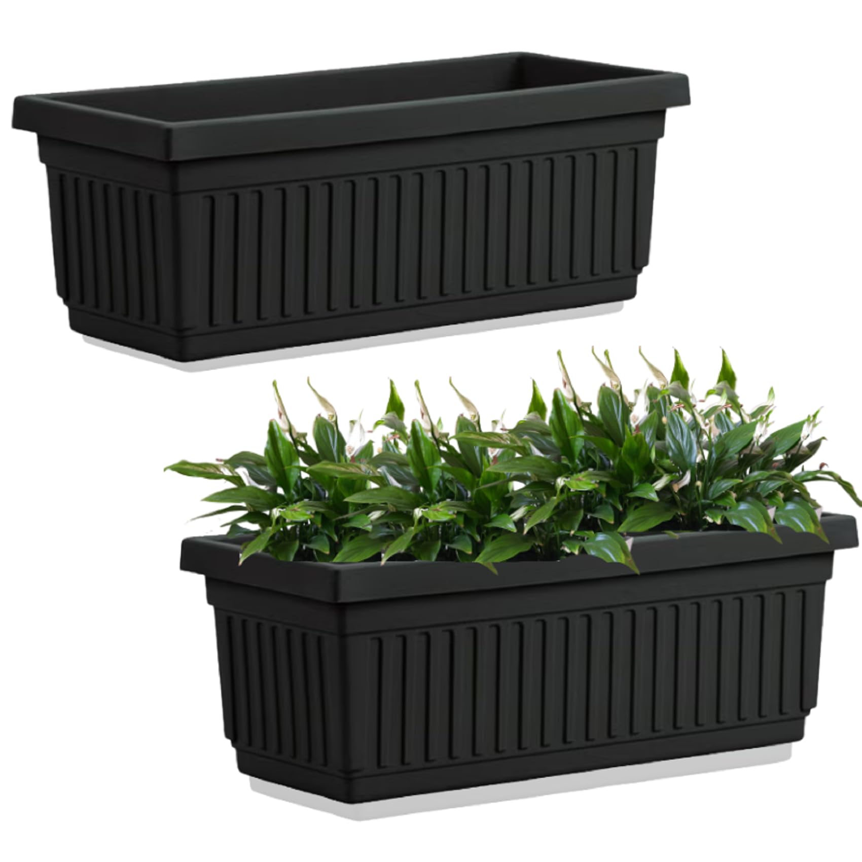 Khanary 2x Large Plastic Trough Planter 70cm – Rectangular Black Window Box for Flowers, Herbs, Vegetables, Plants,Small Bushes –Windowsill Rippled Finish – Outdoor/Indoor Optional Drainage Holes