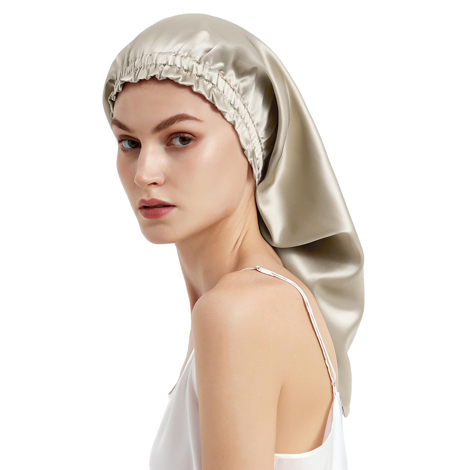 Mommesilk Maulbeerseide Haarhaube Schlafmütze Schlafhaube 100% Seide 22 Momme Lange Seidenmütze Kappe für lockiges Haar Seidenhaube für Frauen mit Langen Haaren