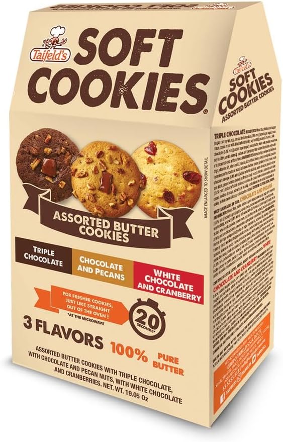 Taifelds Soft Cookies, Club Size Assorted 100% Pure Butter Cookies, 3 Flavors, Triple Chocolate, Chocolate and Pecans, White Chocolate and Cranberry