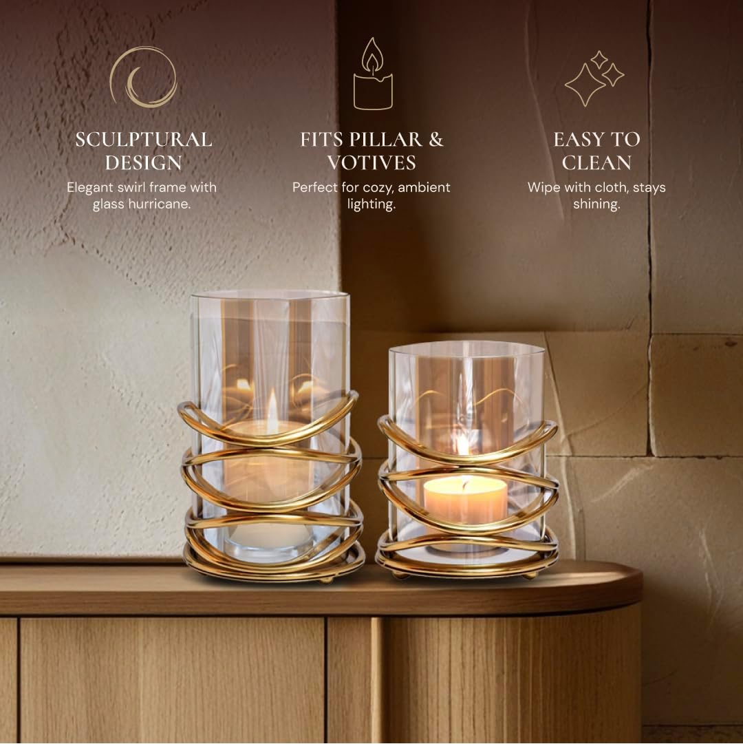 Decozen Candle Holder with Glass and Decorative Metal in Swirl Design for Home Decor Console Table Centerpiece Garden Dining Living Room Bedroom Office Farmhouse Events Wedding Decorations