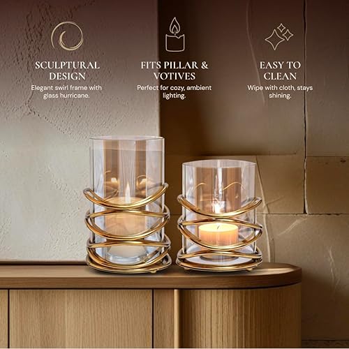 Miniatura 6 de Portavelas con cristal y metal decorativo en remolino, diseño de remolino, para decoración del hogar, mesa de consola, centro de mesa, patio,