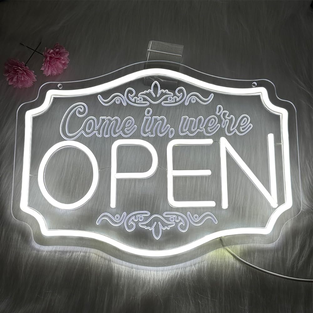 Insegna al Neon Open per aziende, interruttore bianco dimmerabile insegne aperte a LED, insegne al neon We are Open per negozi bar salone hotel vetrina ristorante caffè (bianco, 15'' x 11'')