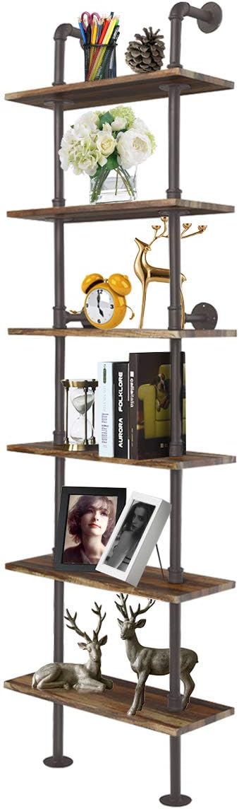 Hysache 6-Tier Pipe Shelves, 82 inch Wall-Mounted Bookshelf with Sturdy Metal Frame, Multiple Storage, Industrial Pipe Bookcase, Ladder Shelf for Office, Bedroom, Living Room, Coffee (HW61323)