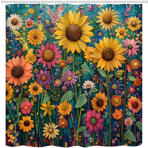 Sunflower Shower Curtain Rustic Spring Floral Colorful Watercolor Flower Plant Garden Bright Farmhouse Wildflowers Oil Painting Bathroom Curtains Polyester Fabric Bathtub Decor with Hooks 70 x 70 Inch