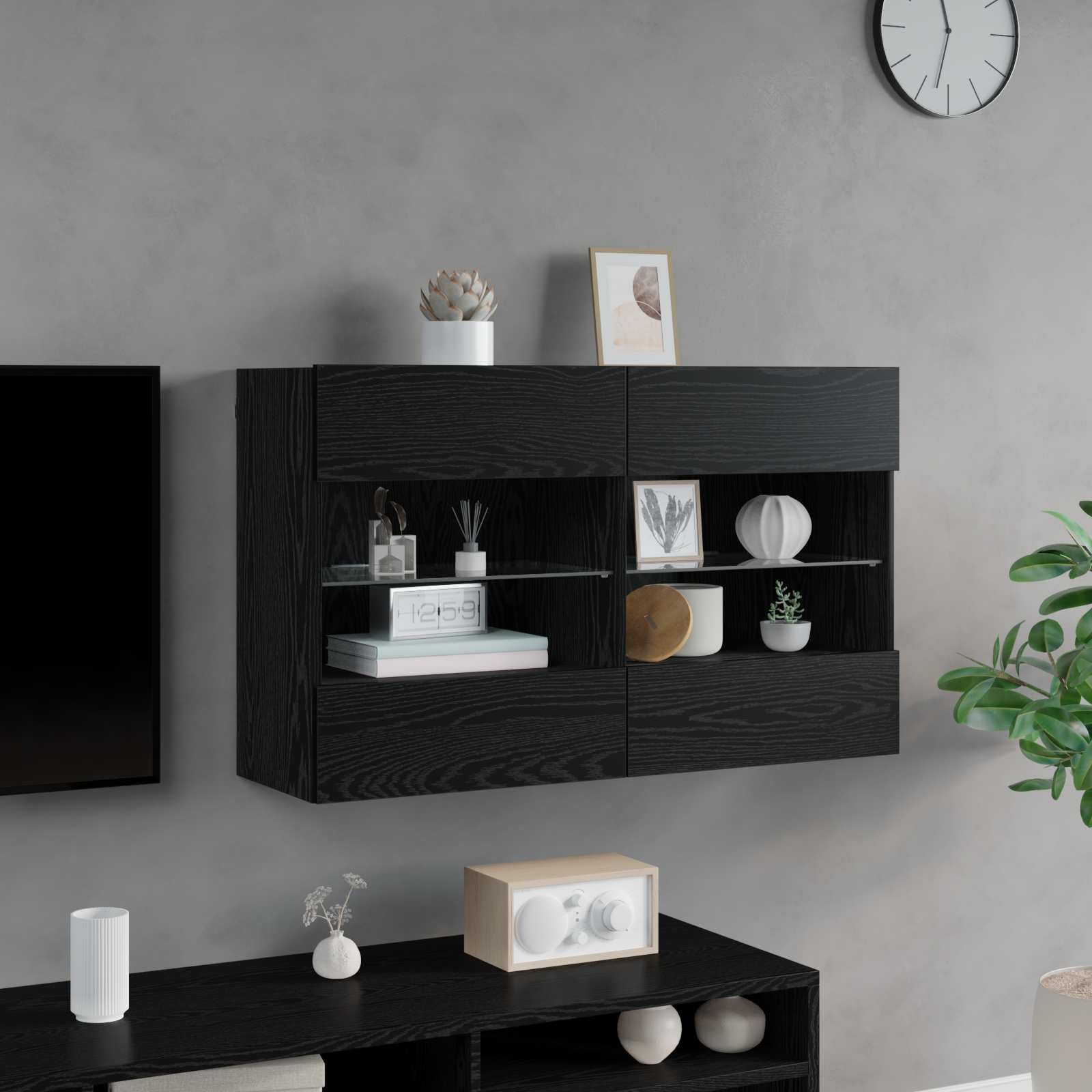 Szafka ścienna pod telewizor, czarna, imitacja dębu, wykonana z materiału drewnopochodnego, 98,5 x 30 x 60,5 cm, z oświetleniem LED i montażem na ścianie, do salonu, kącika do gier i