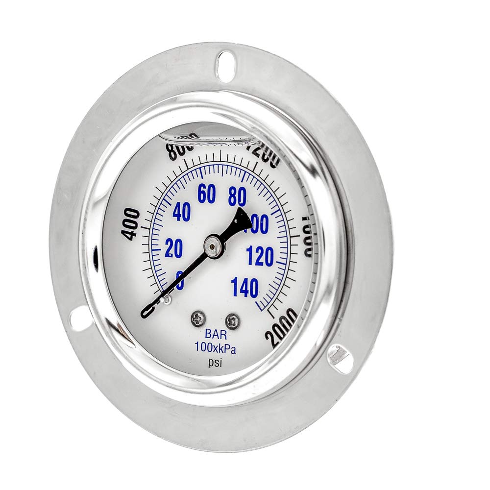 PIC Gauge PRO-204L-254O Glycerin Filled Industrial Front Flanged Panel Mount Pressure Gauge with Stainless Steel Case, Brass Internals, Plastic Lens, 2-1/2" Dial Size, 1/4" Male NPT, 0/2000 psi