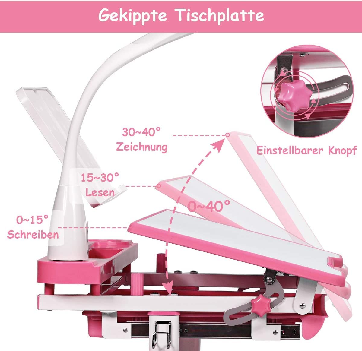 COSTWAY Kinderschreibtisch höhenverstellbar, Schülerschreibtisch mit Lampe, Kindermöbel neigungsverstellbar, Kindertisch mit Stuhl, Schreibtisch mit Schublade, Farbewahl (Hellrosa)