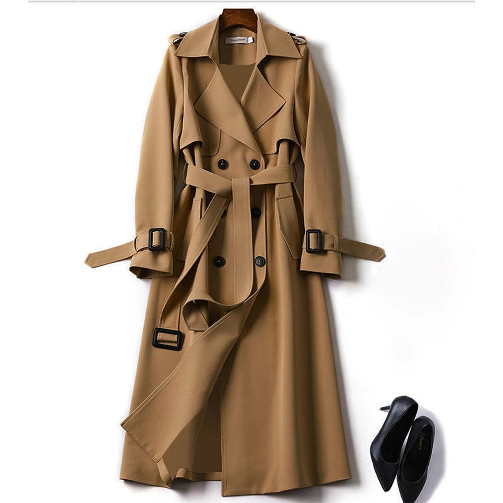 Manteau long pour femme avec ceinture - Élégant - Longueur genou - Trench - Coupe-vent - Veste de transition - Avec poches