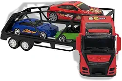 Caminhão Cegonheira com 3 Carrinhos, Transportador de Carros em Vermelho e Preto, Brinquedo Infantil com Carros Esportivos