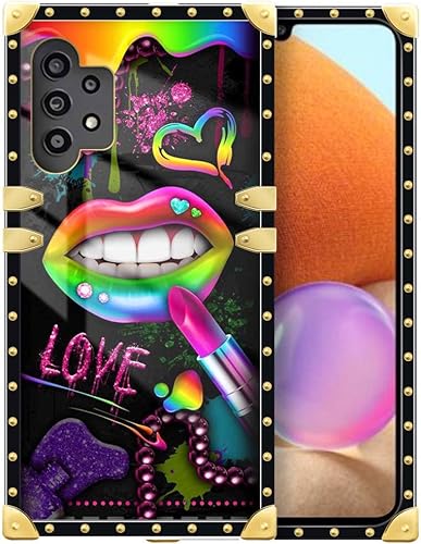 Funda compatible con Samsung Galaxy A32 4G, labios de lápiz labial A32 4G para niñas y mujeres, funda cuadrada de lujo de TPU suave a prueba de