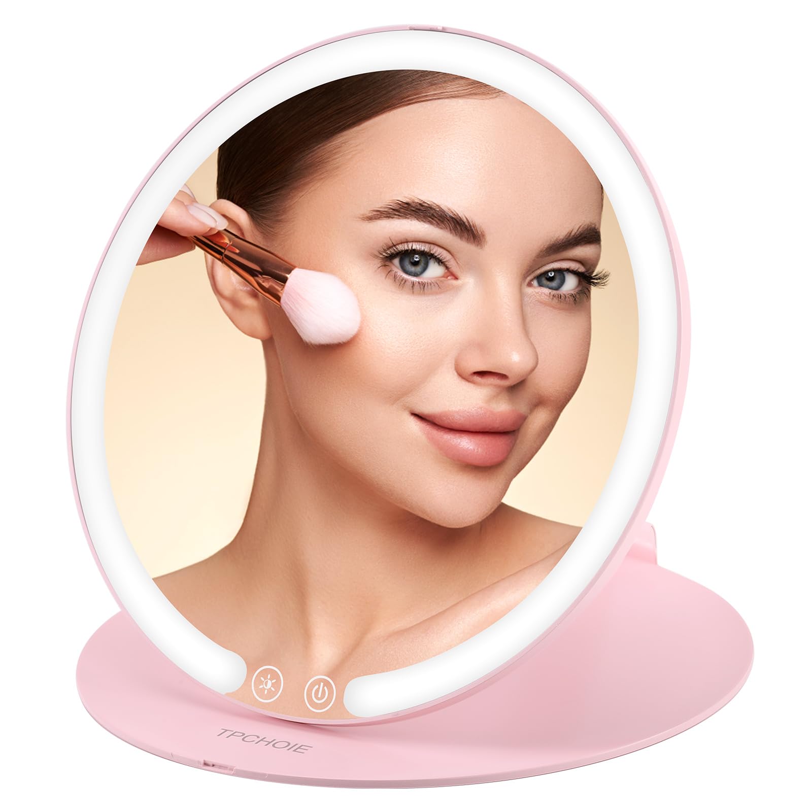 Pink Vanity Mirror with Lights and Removable 10X mirror,extendable travel makeup mirror with angle & height Adjusting Stand,Rechargeable collapsible