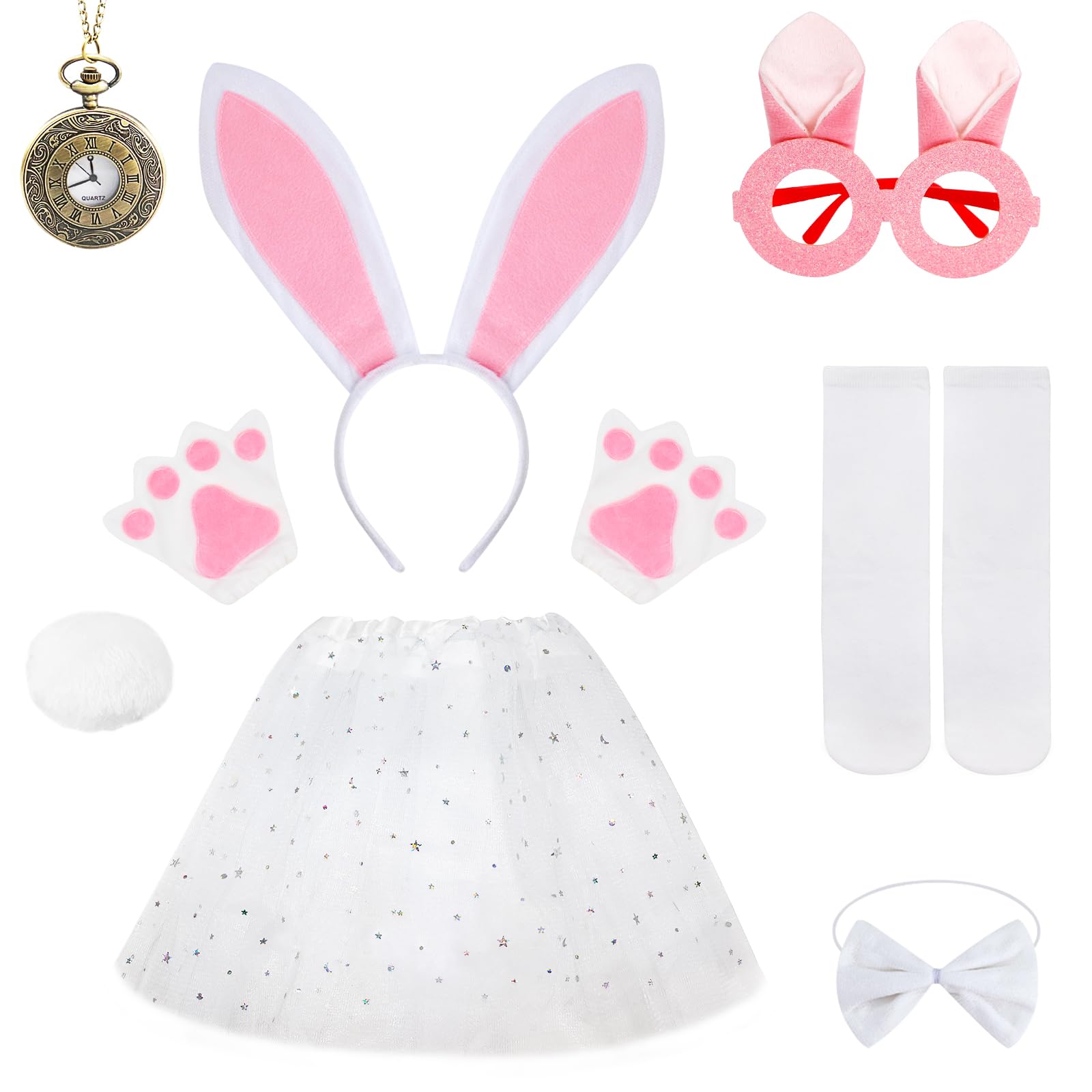 Athora 9Pcs Bunny Costume Set, Pink Rabbit Dress Up Outfit, Animal Costume Set including Accessories with Bunny Ears Headband