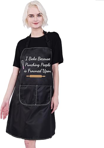 Miniatura 3 de PXTIDY Delantal para hornear con texto en inglés "I Bake Because Punching People is Frowned Upon Delantal Culinary Student Gift Pastelería Chef