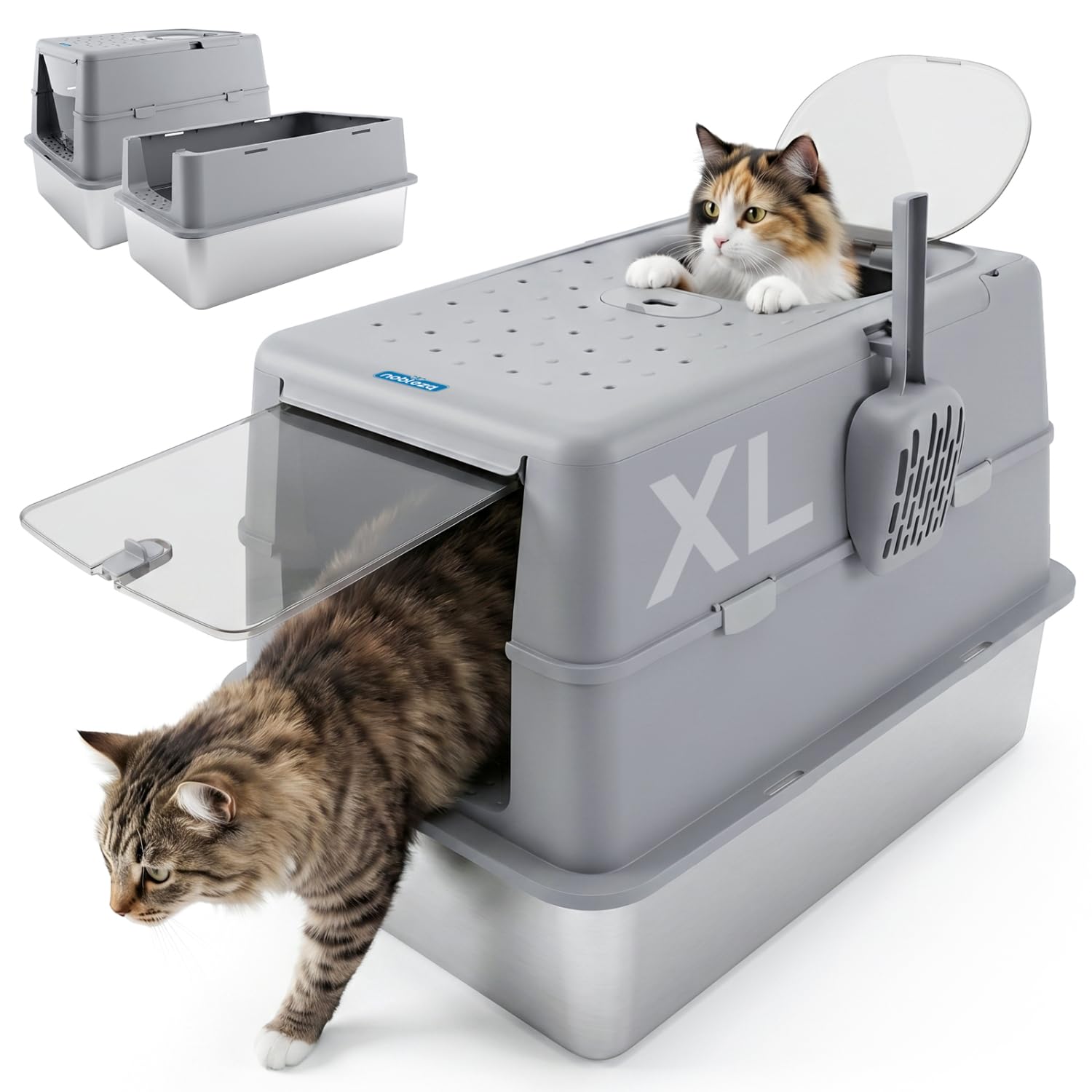 Nobleza Arenero de Acero Inoxidable para Gatos – Cerrado con Tapa Plegable y Doble Entrada – Resistente, Sin Olores, Fácil Limpieza – Ideal para Gatitos y Gatos Adultos