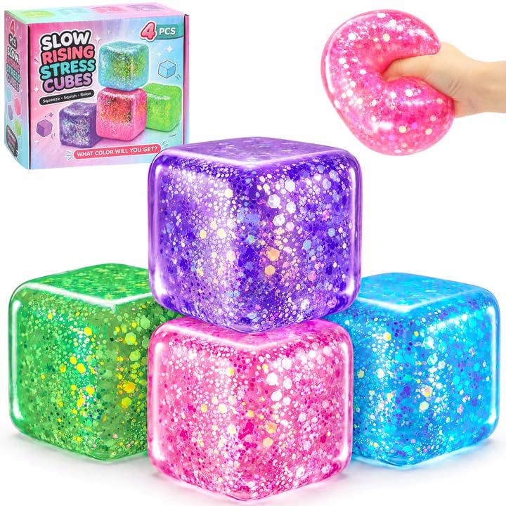 Image of 4 Pack Ice Cube Squishy, Slow Rising Squishy Toys with Glitter, Sensory Fidget Cube Set for Kids Teens Adults, Stress Relief Squeeze Toys