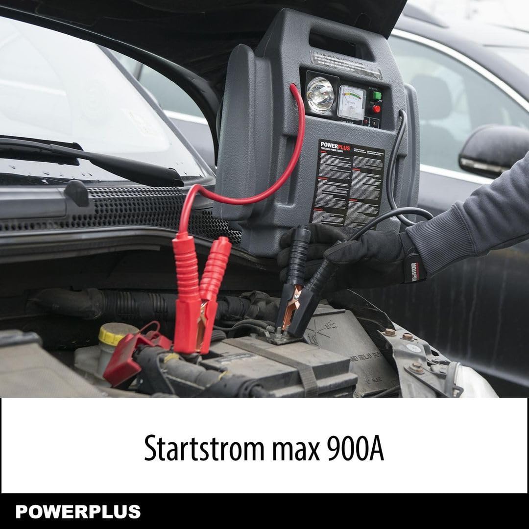 Powerplus POWE80090 zestaw wspomagający rozruch akumulatora samochodowego – Powerstation jako zestaw do pomocy w przypadku awarii akumulatora samochodowego – system szybkiego startu i pomoc przy