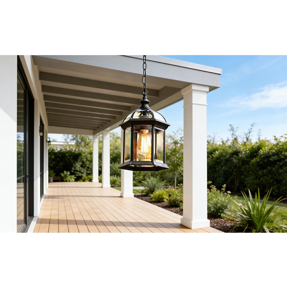 Chao Zan C Hao Zan E27 Led Outdoor Height Adjustable Pendant Lamp Retro Hanging Light Waterproof Pendant Lights Lampshade Glass Metal Black,For Garden Entrance Hall Pavilion Villa Grape Frame Pendant