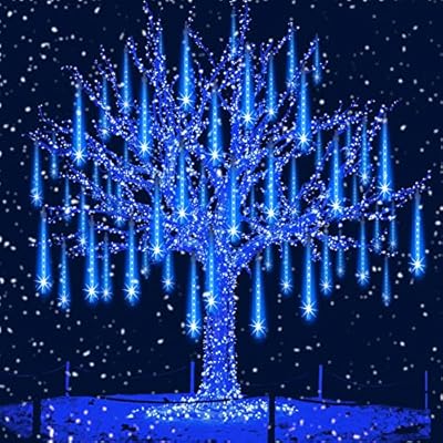 Aukora Christmas Lights Outdoor Meteor Shower Lights 12 inch 8Tubes 192LED UL Certified Falling Rain Drop Snow Icicle String Light for Xmas Tree Christmas Decorations Party Wedding Holiday Yard Blue