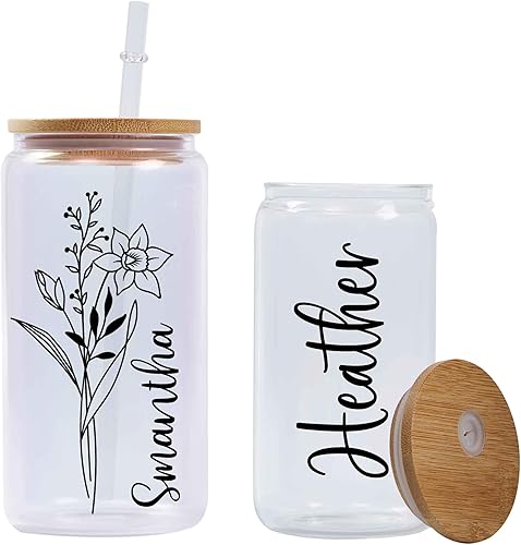 Miniatura 8 de MOSTOP Vaso de café helado personalizado con tapas y pajitas, tazas de vidrio, vaso de flor de nacimiento personalizado, regalo del día de la madre,