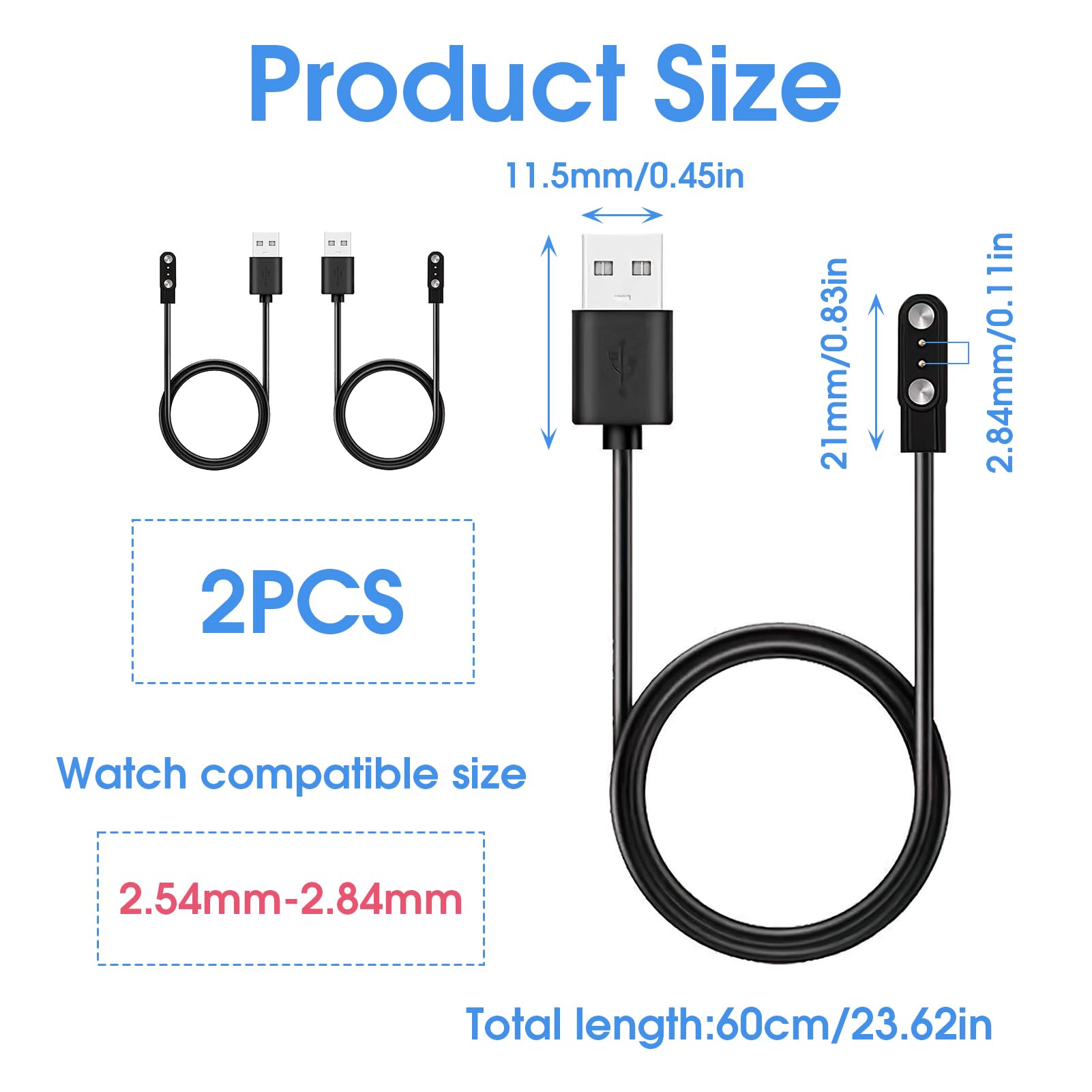 Set 2 Caricabatterie Magnetici Per Smartwatch - Cavo USB Universale, Compatibile Con Modelli A 2 Pin (2.54-2.84mm)