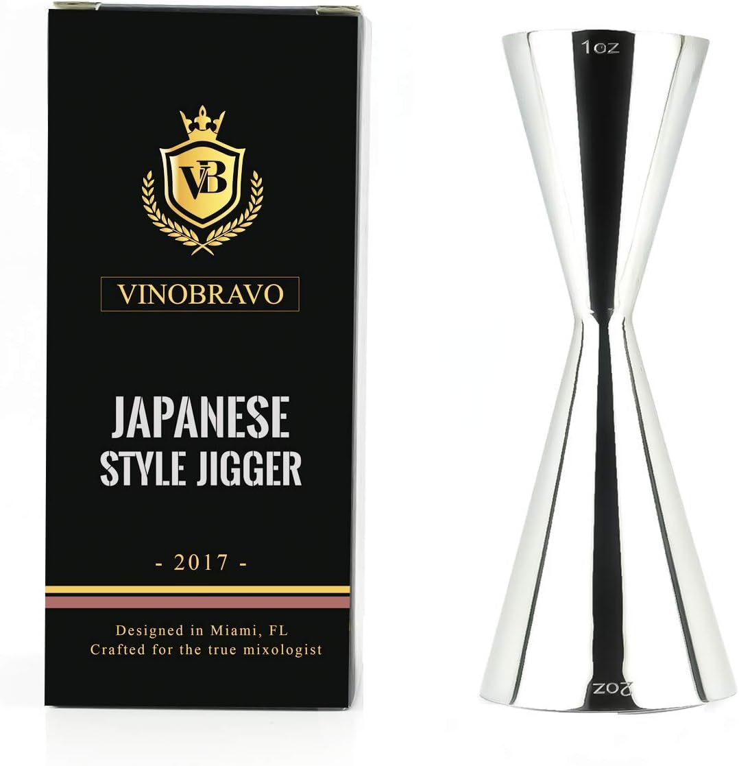 Premium Japanese Stainless Steel Slim Double Cocktail Bar Jigger by VinoBravo with measurements inside 2oz. / 1oz. Barware Tool for Home Bars and Professional Bartending Kits (Silver)