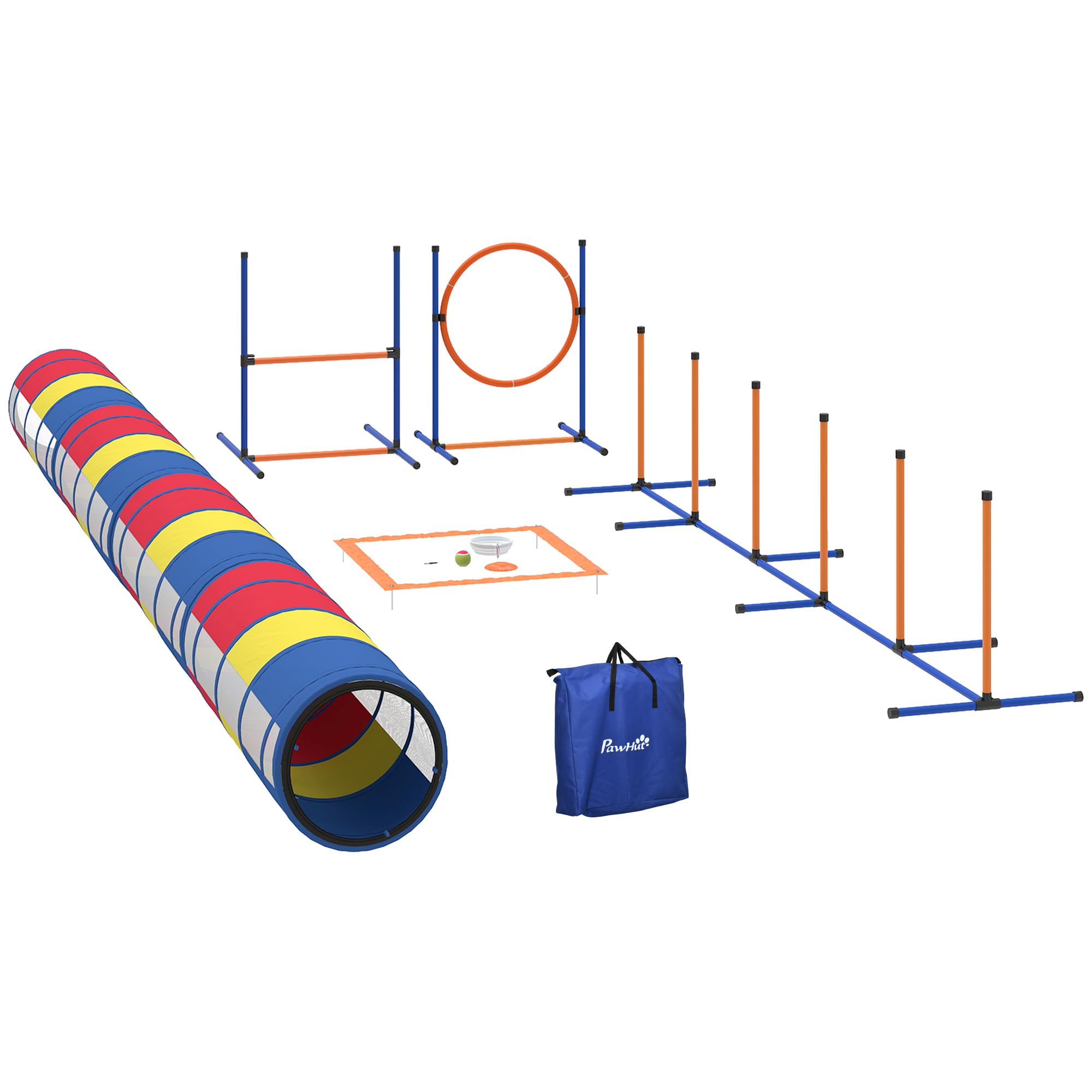 PawHut 12 Pezzi Set addestramento agilità, ostacolo regol. e Anello | Percorso ostacoli, Set giardino, 4 tunnel, Pali a slalom, Pausa box, Dolcetti, Ciotola, Borsa, Uso interno/esterno