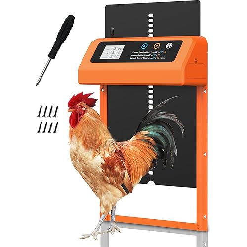 Automatic Chicken Coop Door, Aluminum Automatic Chicken Door with Anti-Pinch Feature, Timer and LCD Display (Orange)