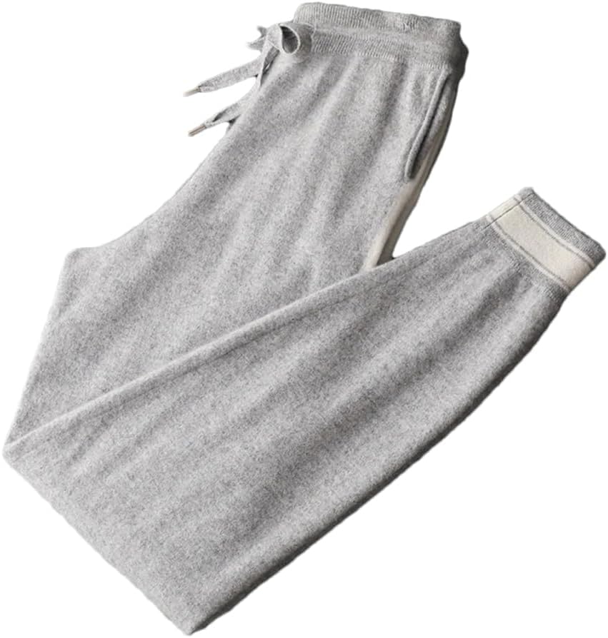 Men’S Cashmere Knit Elastic Waist Pencil Pants Heavyweight Casual High Waist with Pockets Full Length Trousers