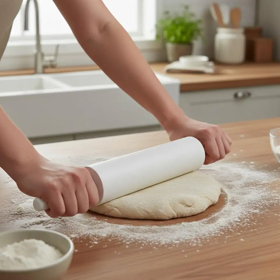 Rolo de Abrir Massa com Cabo Giratório, Plástico Resistente, 38 cm, Não Gruda, Fácil de Limpar, para Massas de Pizza, Pão, Pastel e Confeitaria