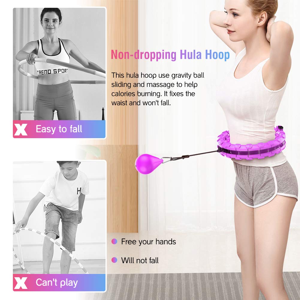 Inteligentny obręcz hula hop, obręcz do masażu opon Hula Hoop nie upuszcza joga obręcz hula hop regulowany24 węzły hula hop fitness z 360° głową masującą, cienka talia i brzuch dla początkujących dzieci kobiet (fioletowa)