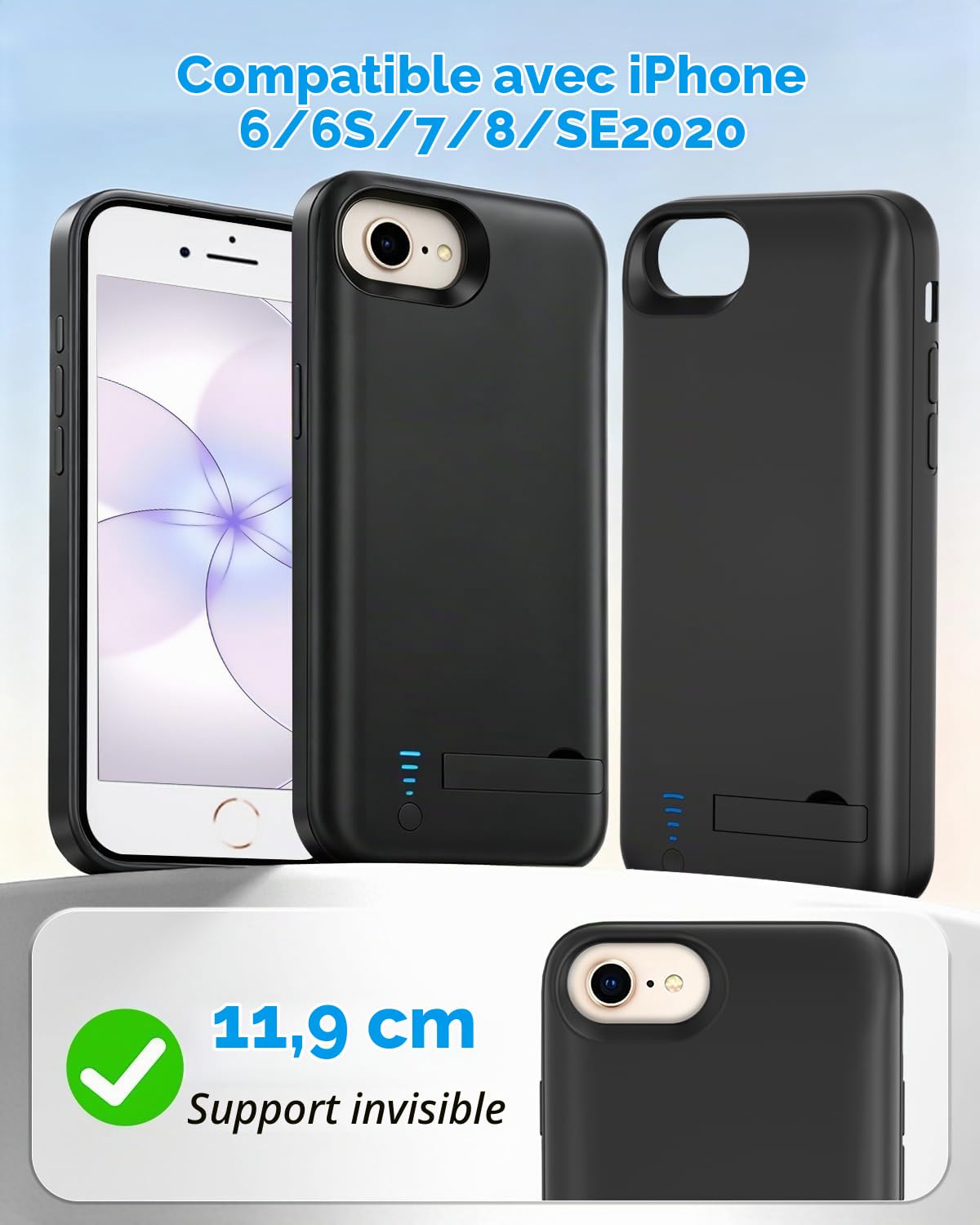 Coque batterie pour iPhone 8/7/6S/6/SE 2020 (4,7", 8500 mAh), fine et rechargeable, étui de protection portable avec batterie pour iPhone SE 2020/7/6S/6/8