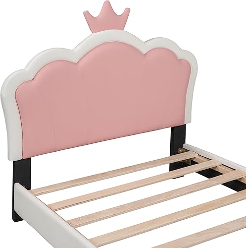 Miniatura 5 de Cama de princesa tapizada tamaño individual con cabecera corona, marcos de cama de princesa para niñas (individual)