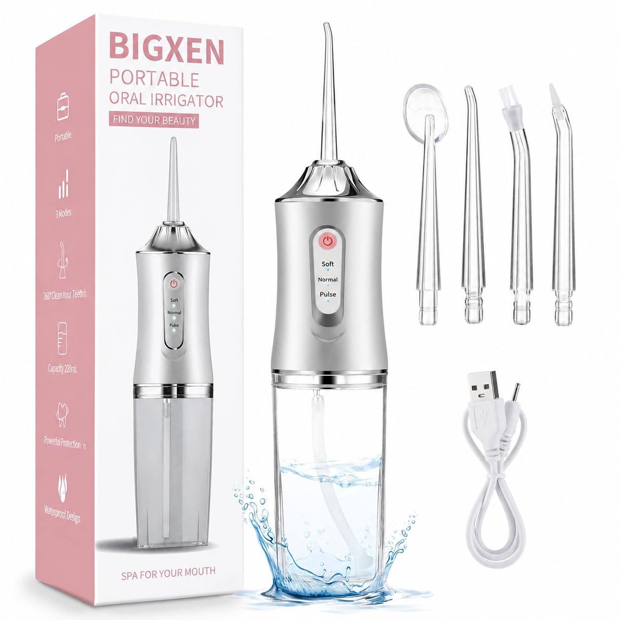 BIGXEN Portable Oral Irrigator Water Flosser, 3 Cleaning Modes, 230mL Capacity, Waterproof Design, USB Rechargeable with 4 Nozzles-image-31