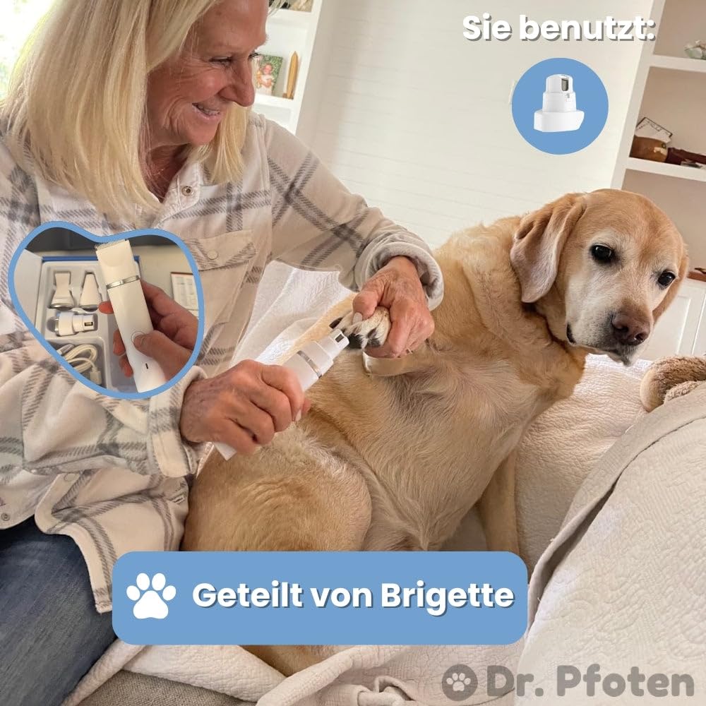 dr pfoten MultiTrim Pro - Die stressfreie 4-in-1 Hundeschermaschine Leise Schermaschine für Hunde und Katzen, IPX7 Wasserdicht Profi Trimmer mit 4 Trimmerköpfen, Pfotentrimmer